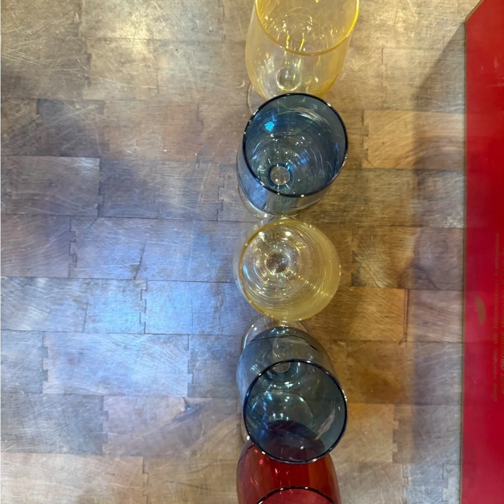 5” Etched Floral Colored Small Stemmed Glasses - Set of 5 Blue, Yellow, Red